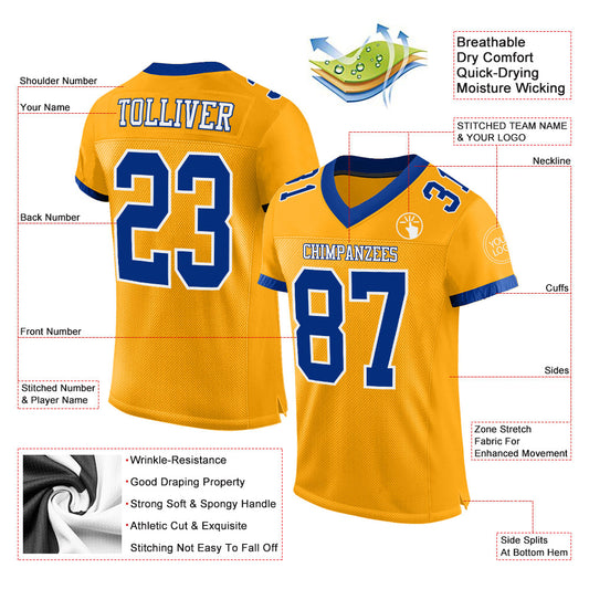 Custom Gold Royal-White Mesh Authentic Football Jersey - Sky-Custom