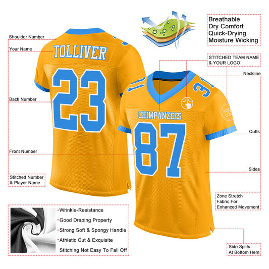 Custom Gold Powder Blue-White Mesh Authentic Football Jersey - Sky-Custom