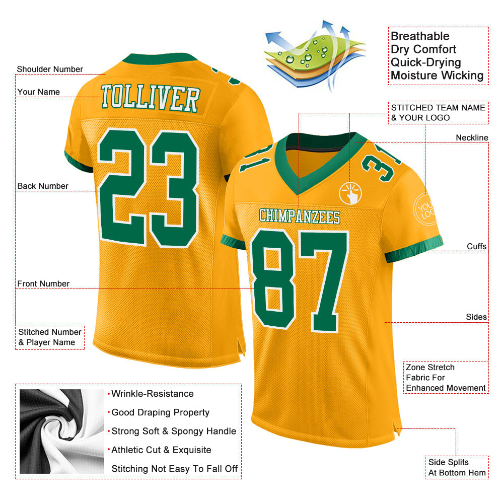 Custom Gold Kelly Green-White Mesh Authentic Football Jersey - Sky-Custom
