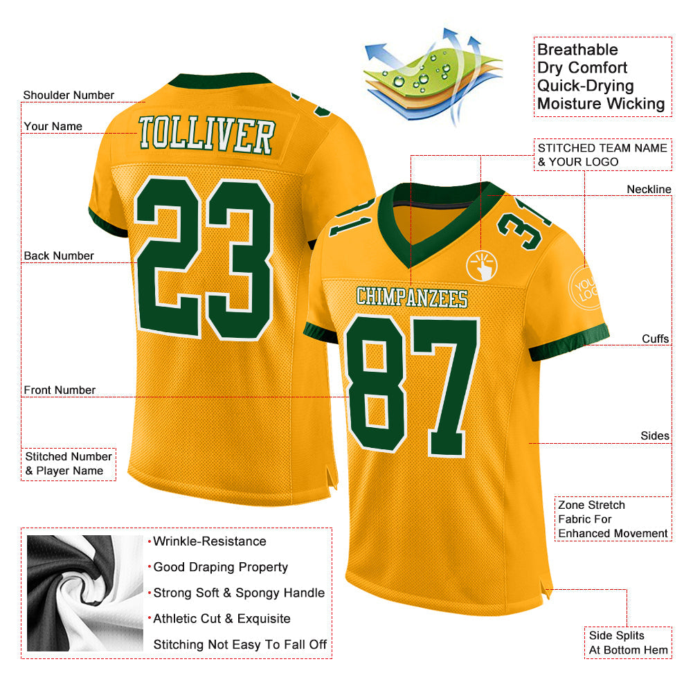 Custom Gold Green-White Mesh Authentic Football Jersey - Sky-Custom