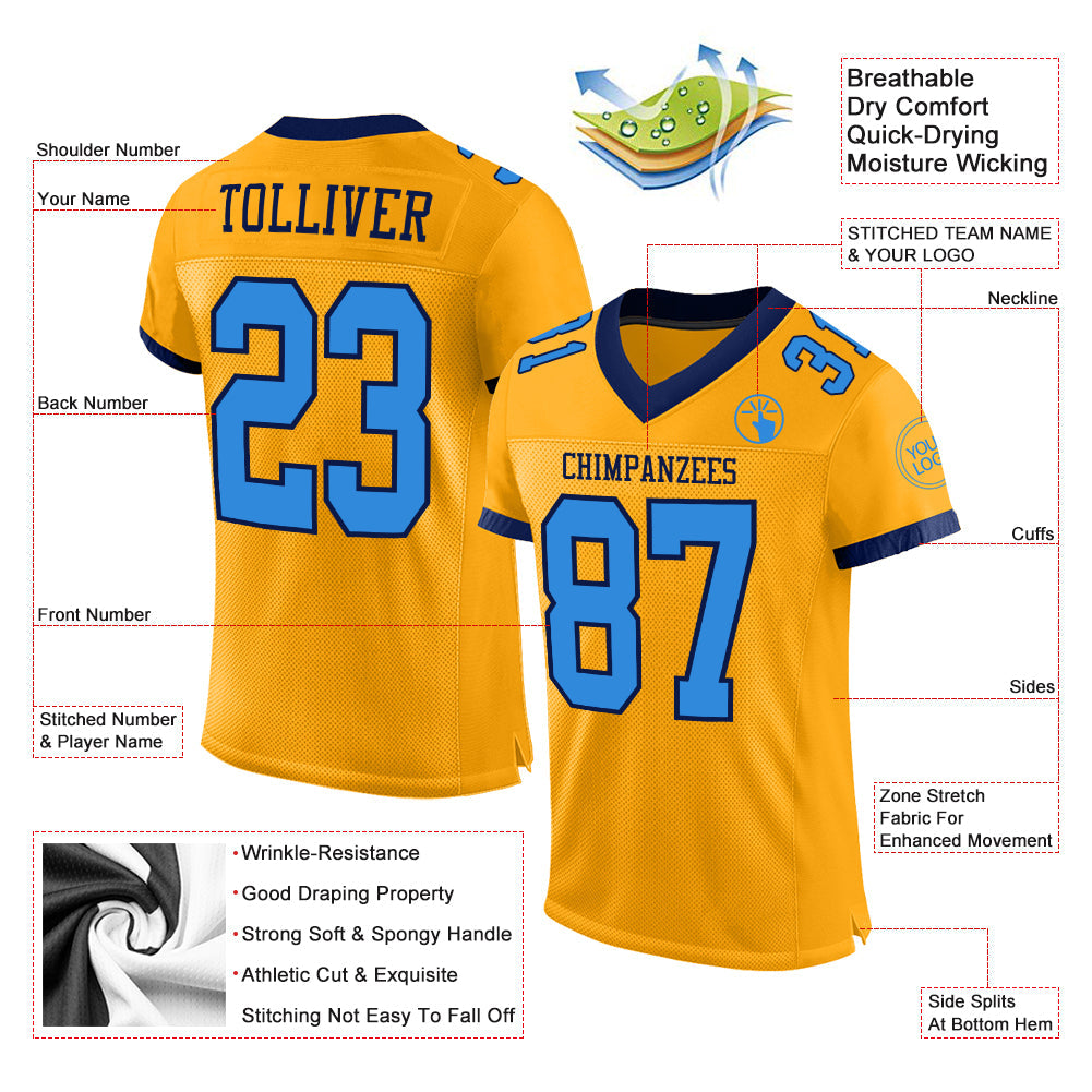 Custom Gold Powder Blue-Navy Mesh Authentic Football Jersey - Sky-Custom