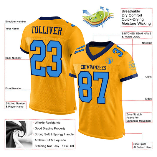 Custom Gold Powder Blue-Navy Mesh Authentic Football Jersey - Sky-Custom