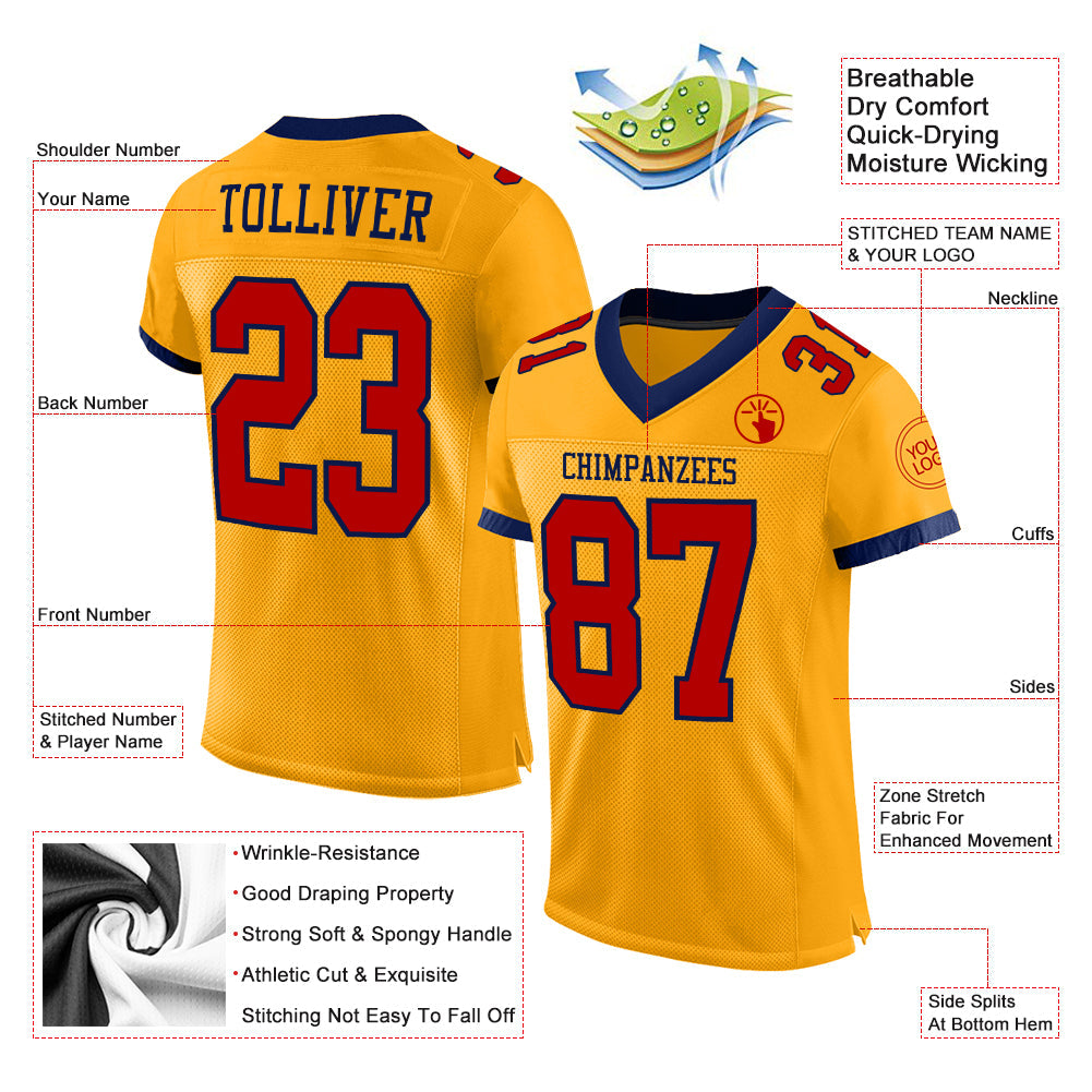Custom Gold Red-Navy Mesh Authentic Football Jersey - Sky-Custom
