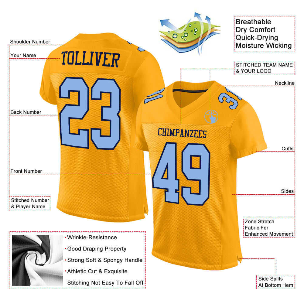 Custom Gold Light Blue-Navy Mesh Authentic Football Jersey - Sky-Custom