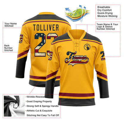 Custom Gold Vintage USA Flag Black-Crimson Hockey Lace Neck Jersey - Sky-Custom