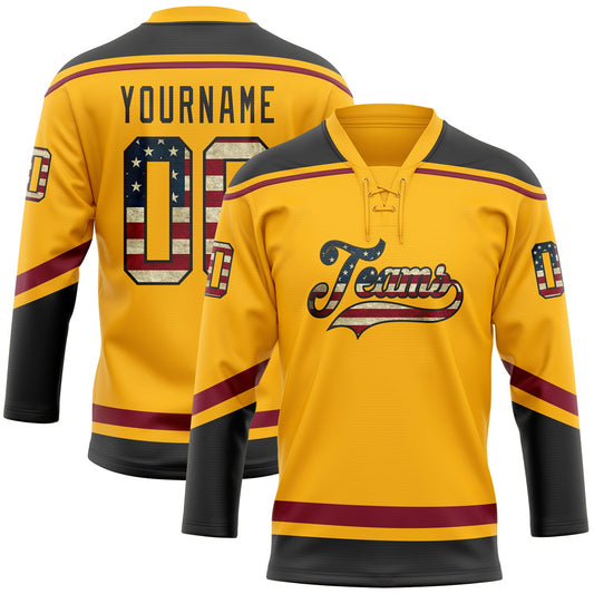 Custom Gold Vintage USA Flag Black-Crimson Hockey Lace Neck Jersey - Sky-Custom