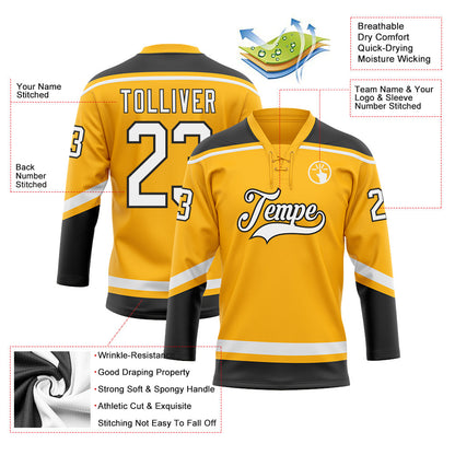 Custom Gold White-Black Hockey Lace Neck Jersey - Sky-Custom