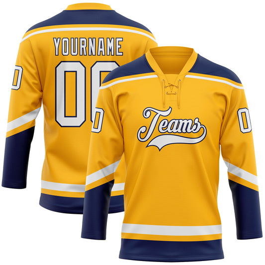 Custom Gold White-Navy Hockey Lace Neck Jersey - Sky-Custom