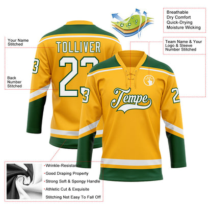 Custom Gold White-Green Hockey Lace Neck Jersey - Sky-Custom