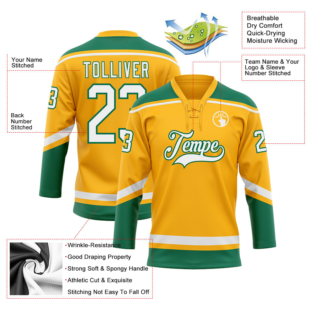 Custom Gold White-Kelly Green Hockey Lace Neck Jersey - Sky-Custom