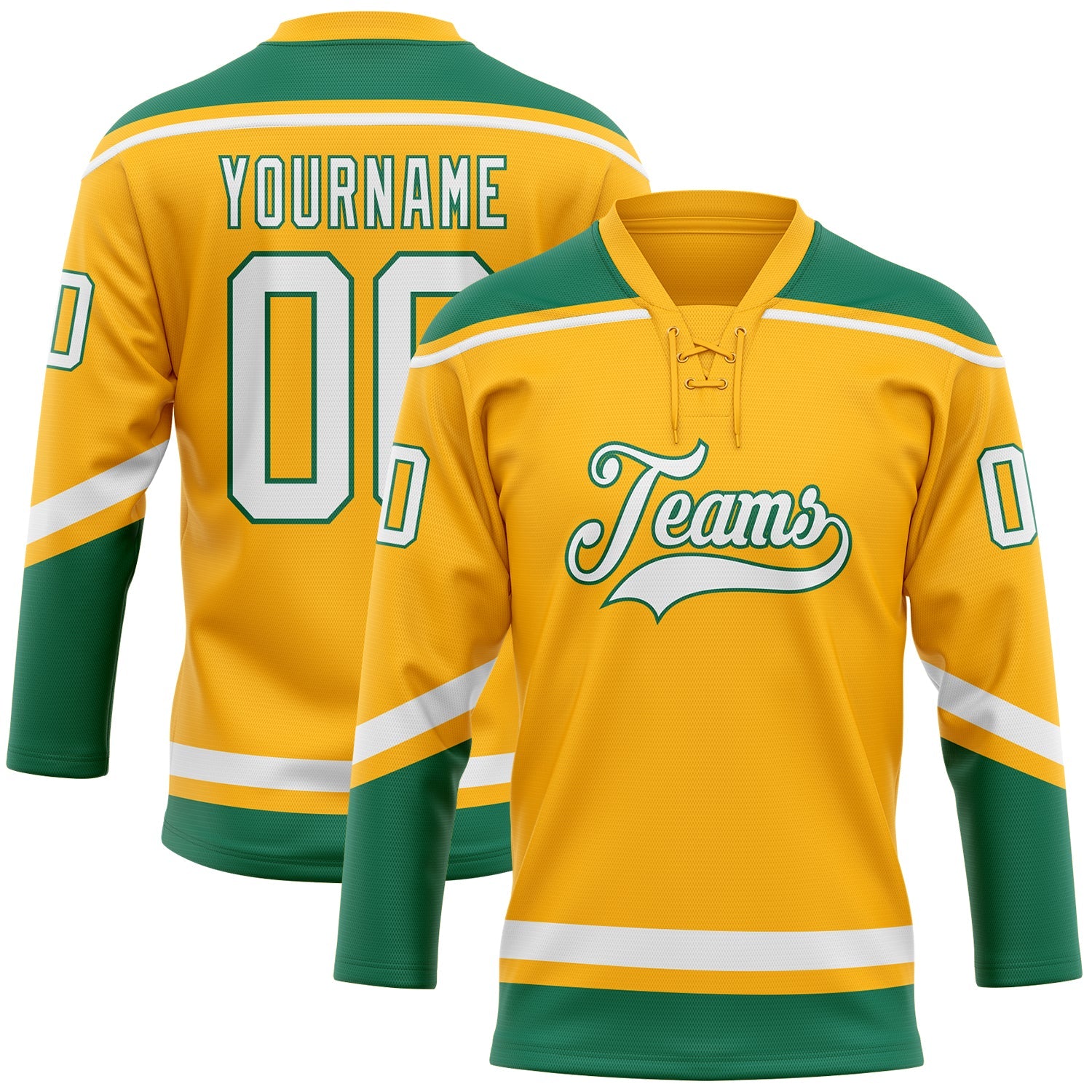 Custom Gold White-Kelly Green Hockey Lace Neck Jersey - Sky-Custom