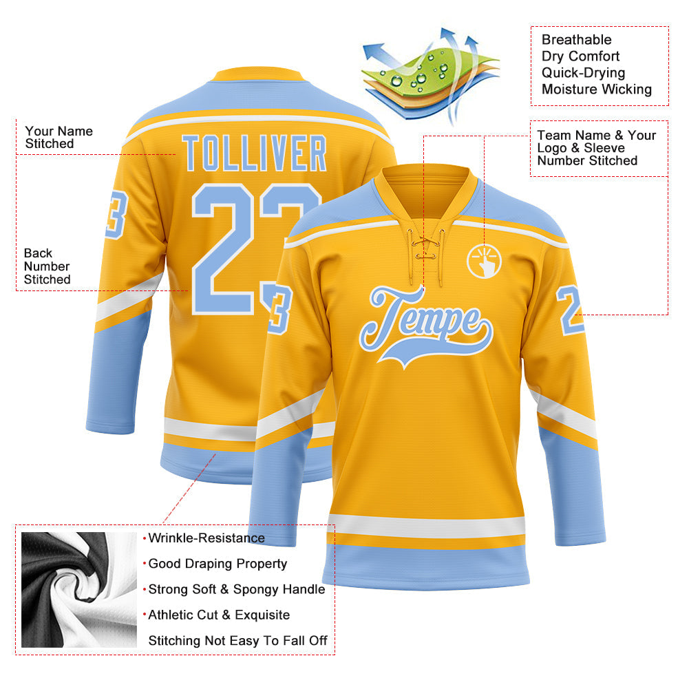 Custom Gold White-Light Blue Hockey Lace Neck Jersey - Sky-Custom