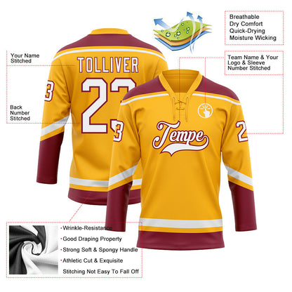 Custom Gold White-Crimson Hockey Lace Neck Jersey - Sky-Custom