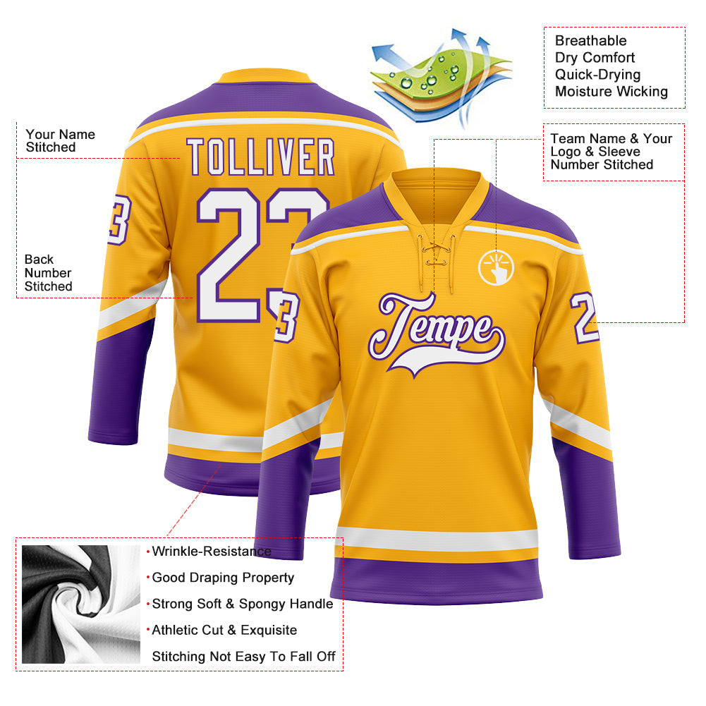 Custom Gold White-Purple Hockey Lace Neck Jersey - Sky-Custom
