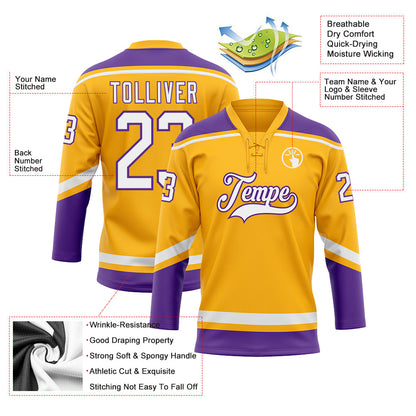 Custom Gold White-Purple Hockey Lace Neck Jersey - Sky-Custom