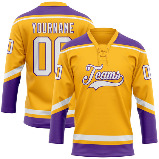 Custom Gold White-Purple Hockey Lace Neck Jersey - Sky-Custom
