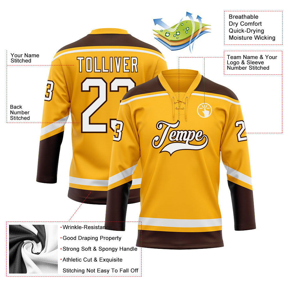 Custom Gold White-Brown Hockey Lace Neck Jersey - Sky-Custom