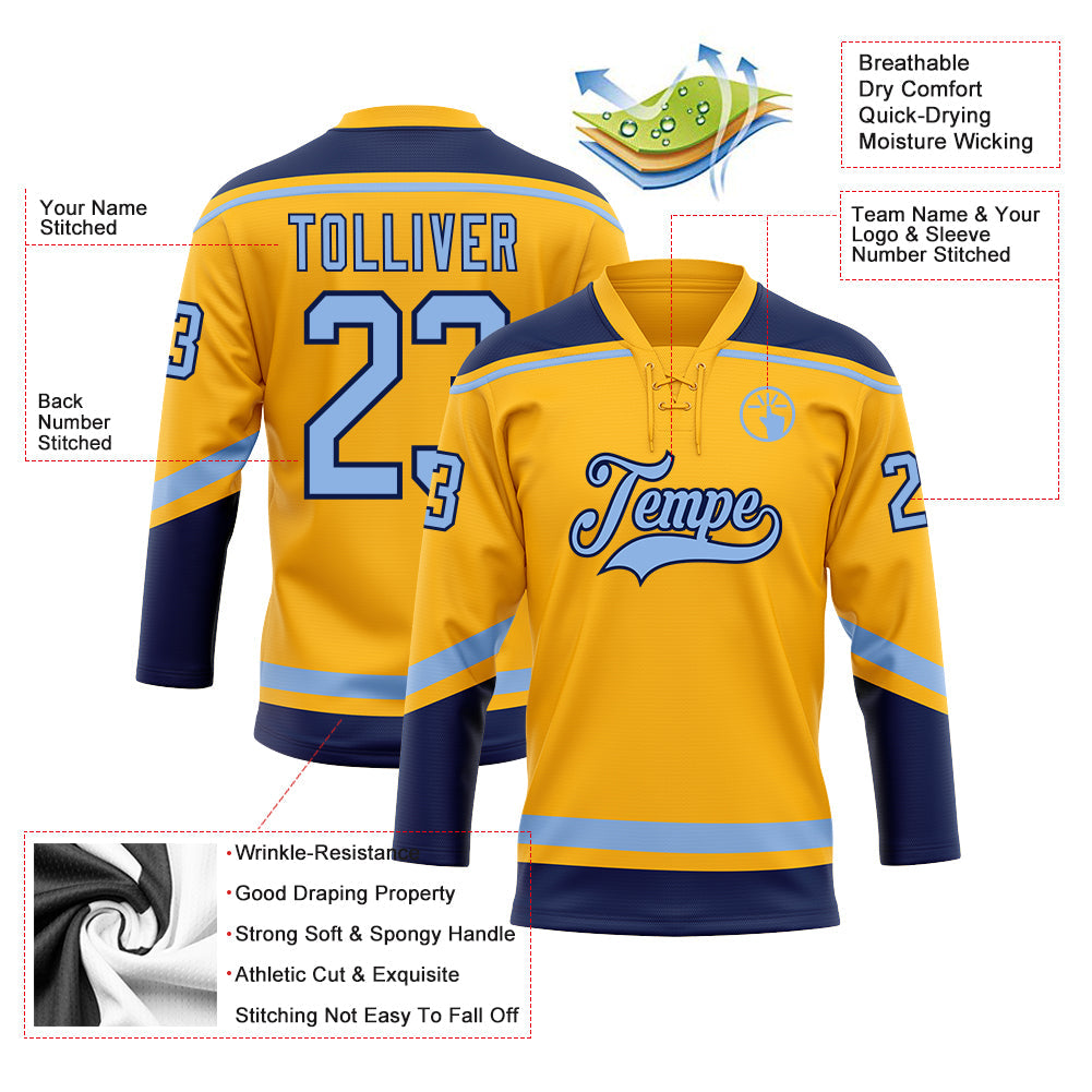 Custom Gold Light Blue-Navy Hockey Lace Neck Jersey - Sky-Custom