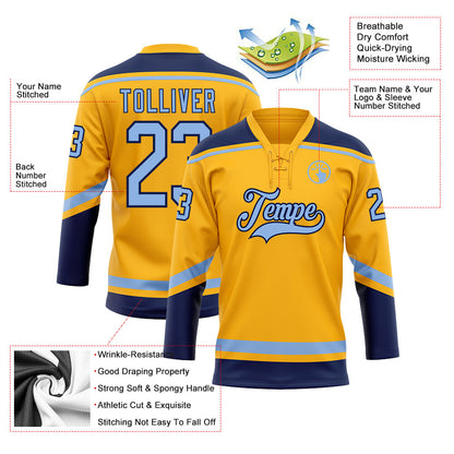 Custom Gold Light Blue-Navy Hockey Lace Neck Jersey - Sky-Custom