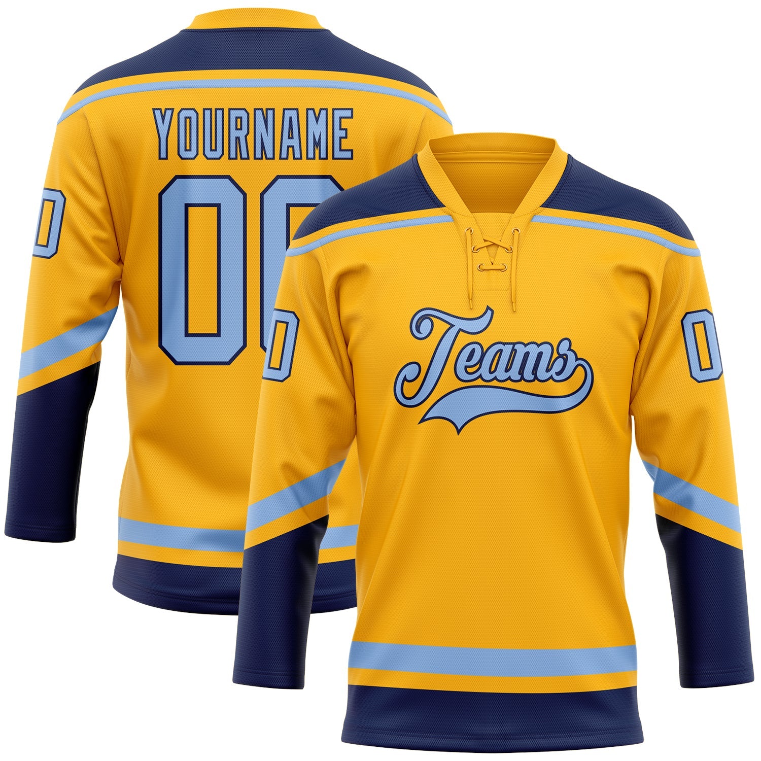 Custom Gold Light Blue-Navy Hockey Lace Neck Jersey - Sky-Custom