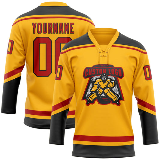 Custom Gold Red-Black Hockey Lace Neck Jersey - Sky-Custom