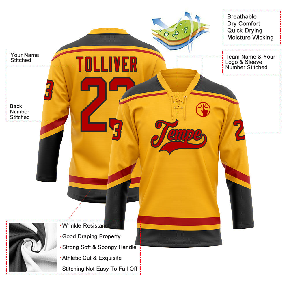 Custom Gold Red-Black Hockey Lace Neck Jersey - Sky-Custom
