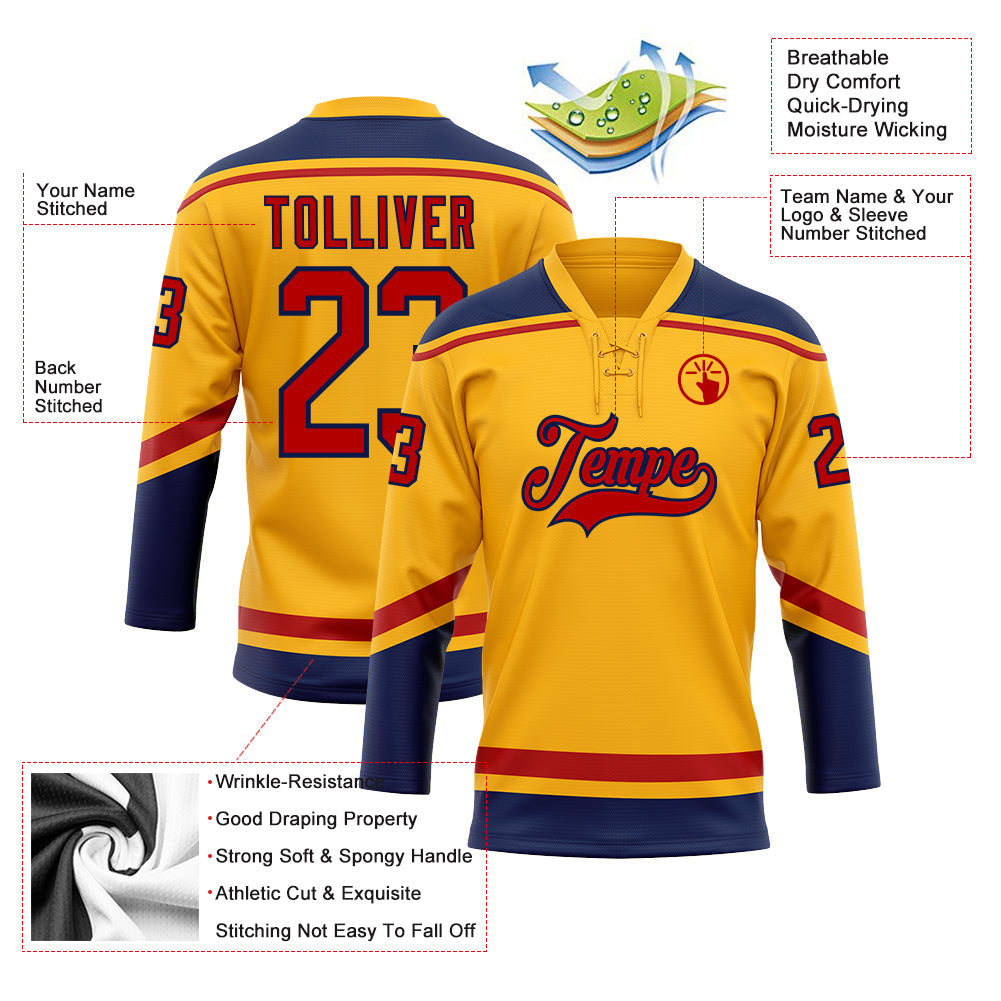 Custom Gold Red-Navy Hockey Lace Neck Jersey - Sky-Custom