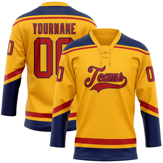 Custom Gold Red-Navy Hockey Lace Neck Jersey - Sky-Custom