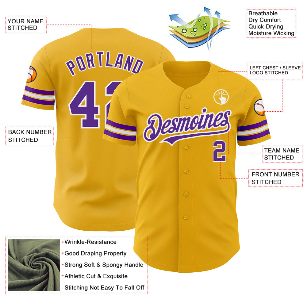Custom Gold Purple-White Authentic Baseball Jersey - Sky-Custom