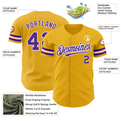 Custom Gold Purple-White Authentic Baseball Jersey - Sky-Custom