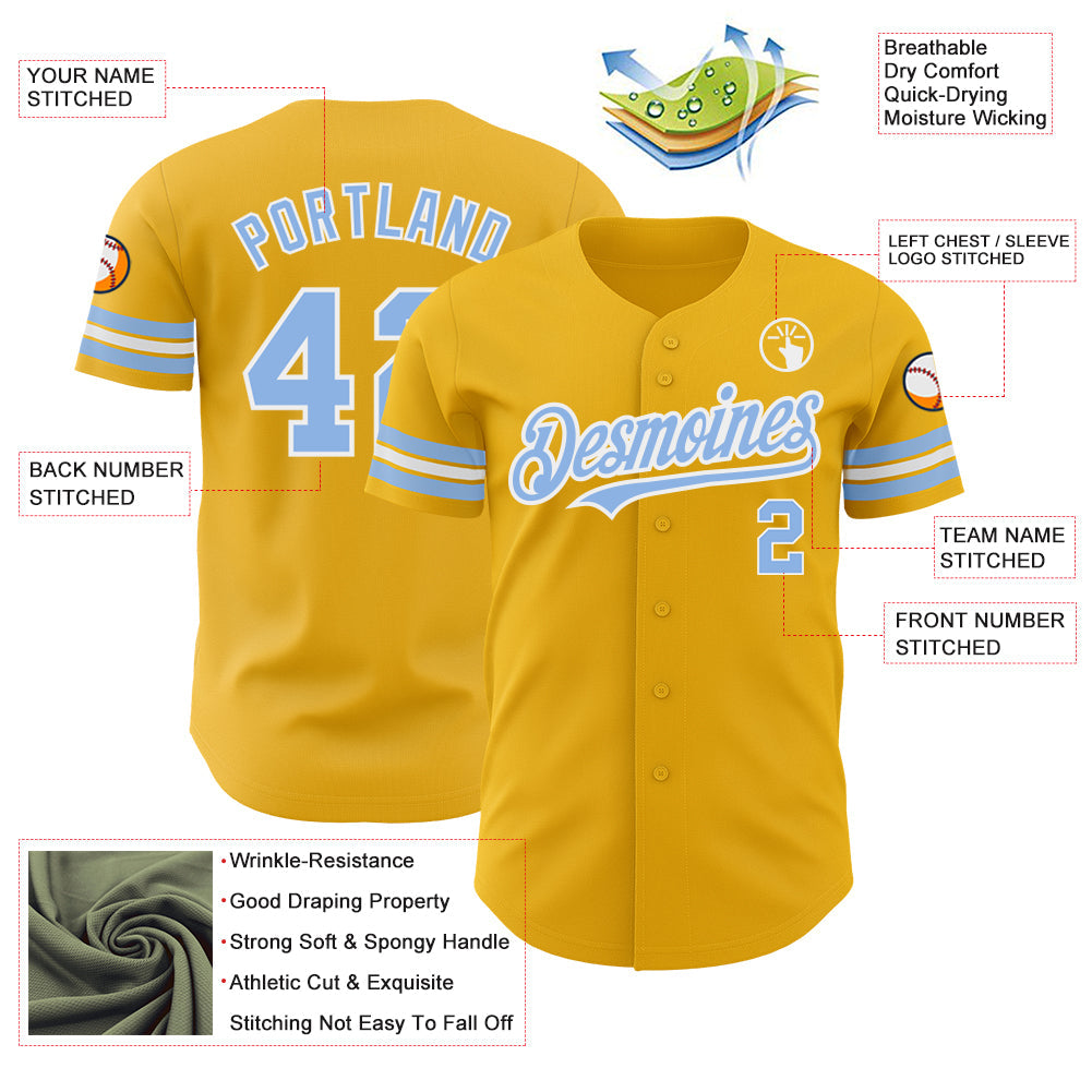 Custom Gold Light Blue-White Authentic Baseball Jersey - Sky-Custom