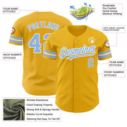 Custom Gold Light Blue-White Authentic Baseball Jersey - Sky-Custom