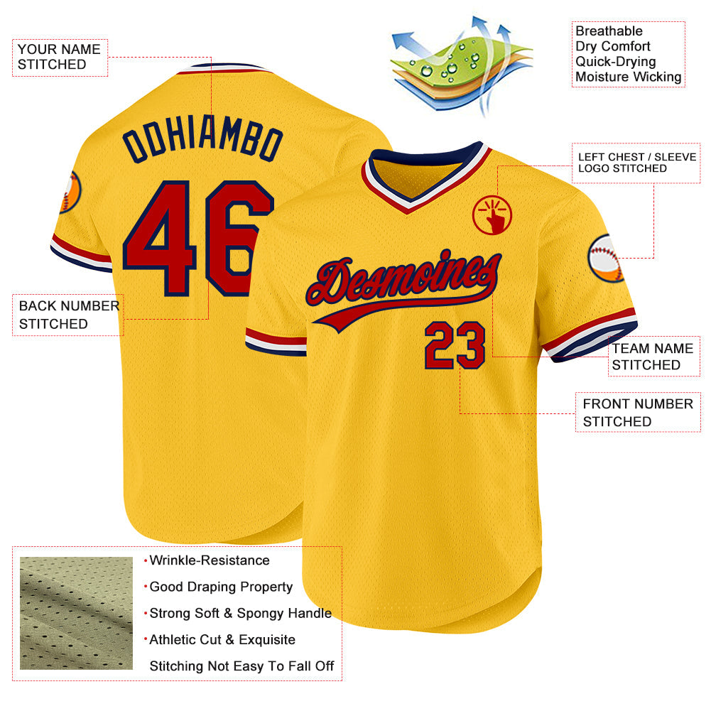 Custom Gold Red-Navy Authentic Throwback Baseball Jersey - Sky-Custom