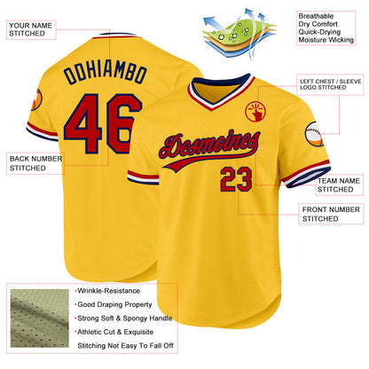 Custom Gold Red-Navy Authentic Throwback Baseball Jersey - Sky-Custom