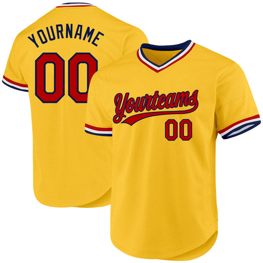 Custom Gold Red-Navy Authentic Throwback Baseball Jersey - Sky-Custom