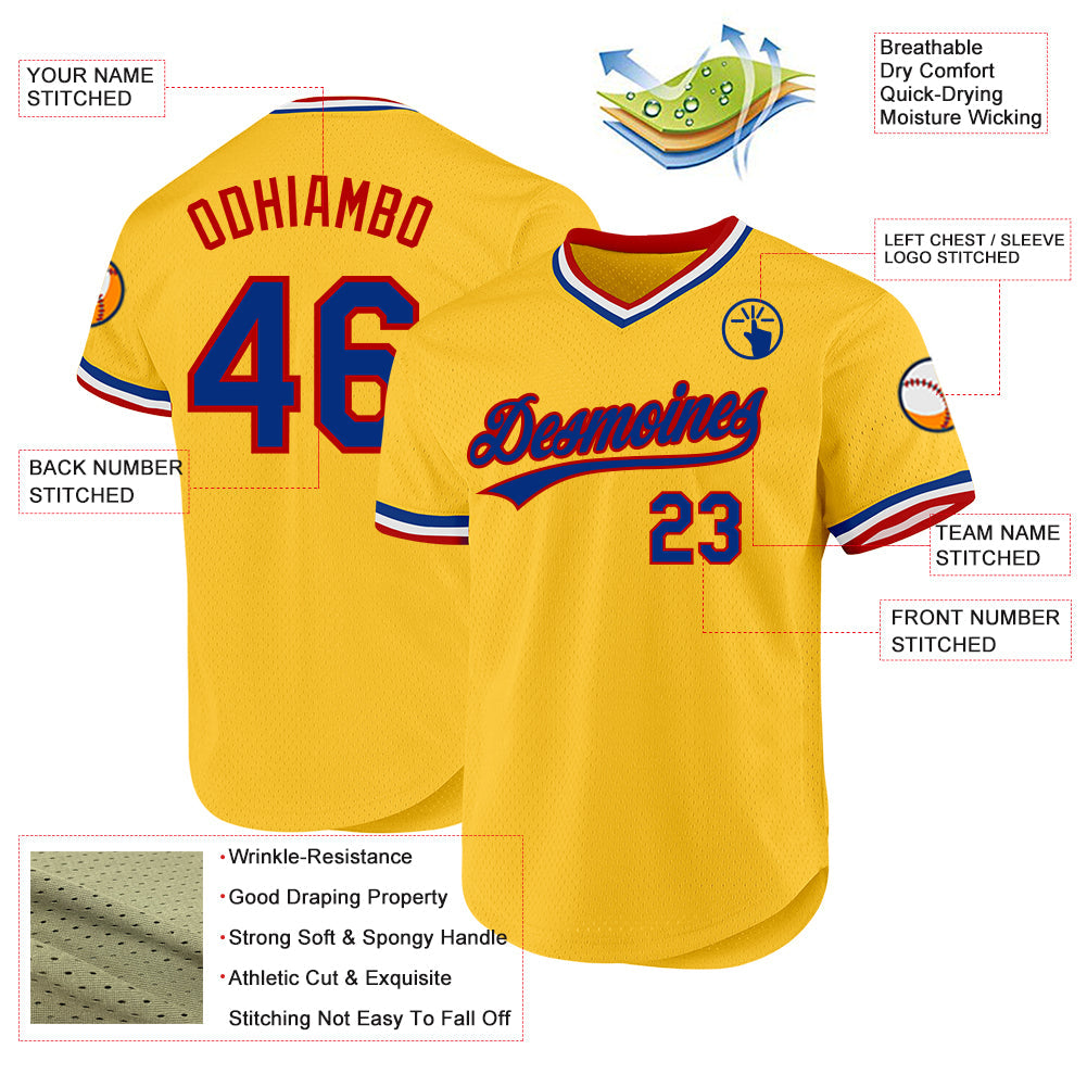 Custom Gold Royal-Red Authentic Throwback Baseball Jersey - Sky-Custom