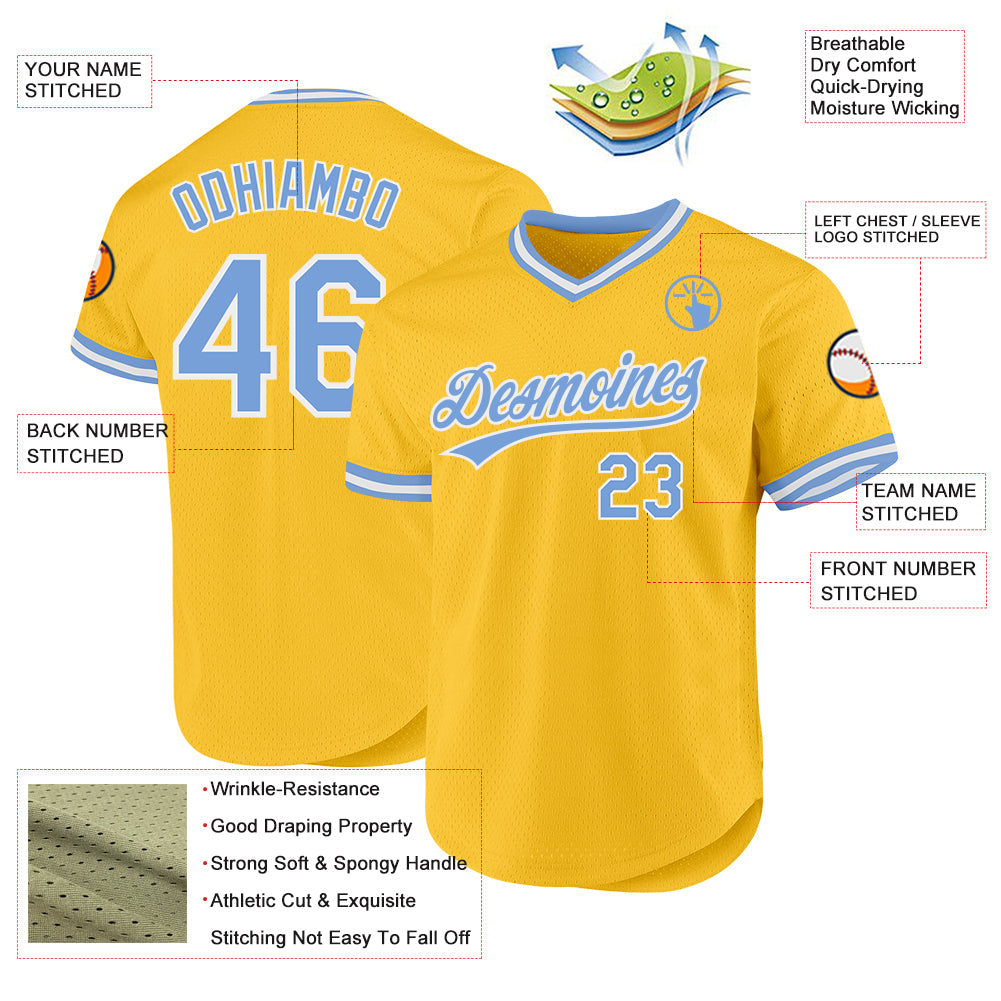 Custom Gold Light Blue-White Authentic Throwback Baseball Jersey - Sky-Custom