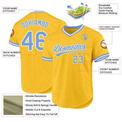 Custom Gold Light Blue-White Authentic Throwback Baseball Jersey - Sky-Custom
