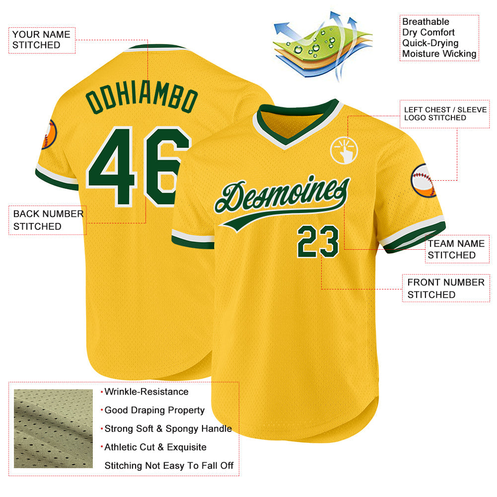 Custom Gold Green-White Authentic Throwback Baseball Jersey - Sky-Custom