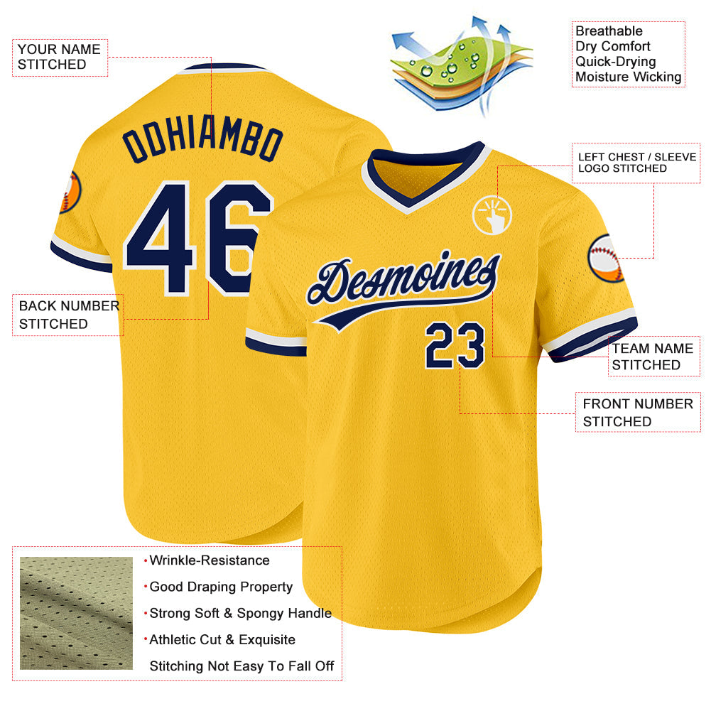 Custom Gold Navy-White Authentic Throwback Baseball Jersey - Sky-Custom