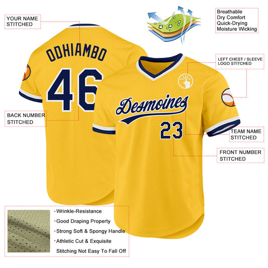Custom Gold Navy-White Authentic Throwback Baseball Jersey - Sky-Custom