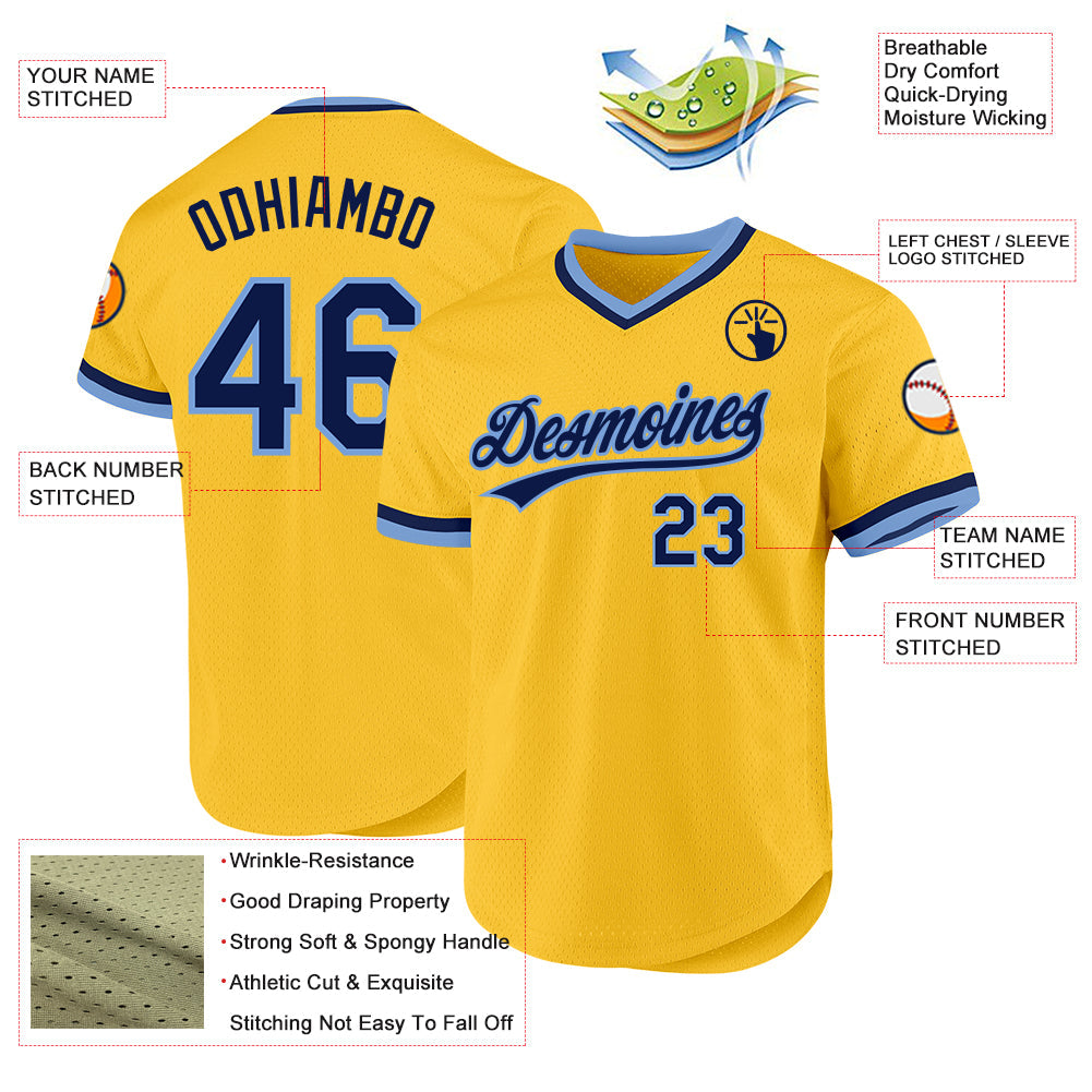 Custom Gold Navy-Light Blue Authentic Throwback Baseball Jersey - Sky-Custom