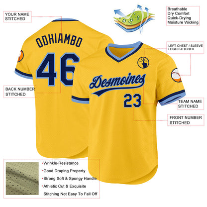 Custom Gold Navy-Light Blue Authentic Throwback Baseball Jersey - Sky-Custom