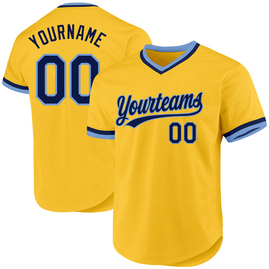 Custom Gold Navy-Light Blue Authentic Throwback Baseball Jersey - Sky-Custom