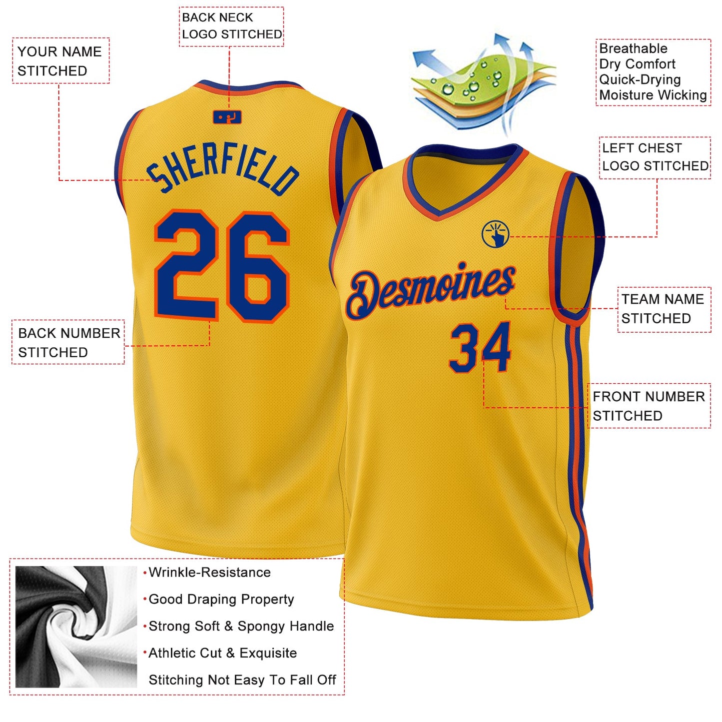 Custom Gold Royal-Orange Authentic Throwback Basketball Jersey - Sky-Custom