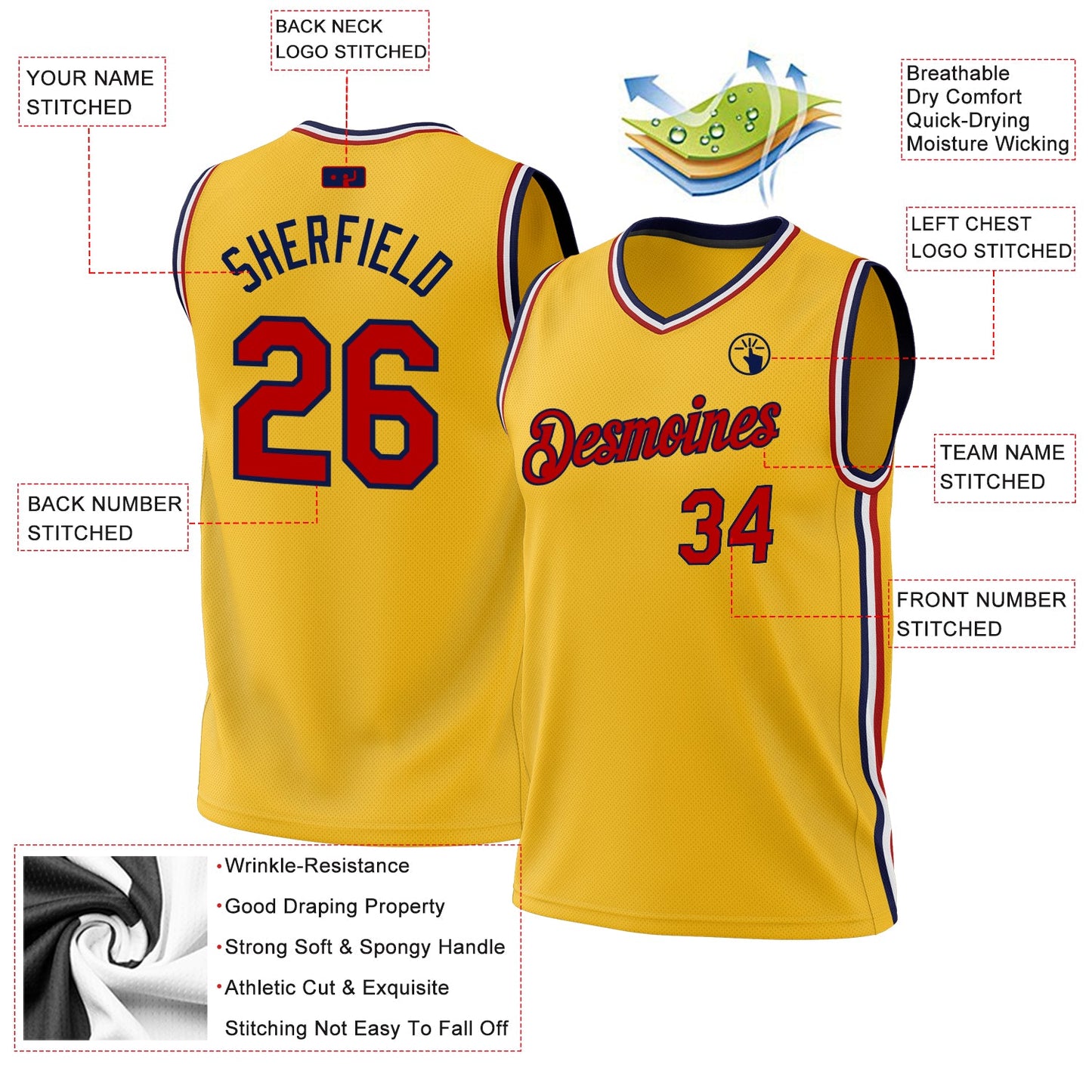 Custom Gold Red Navy-White Authentic Throwback Basketball Jersey - Sky-Custom