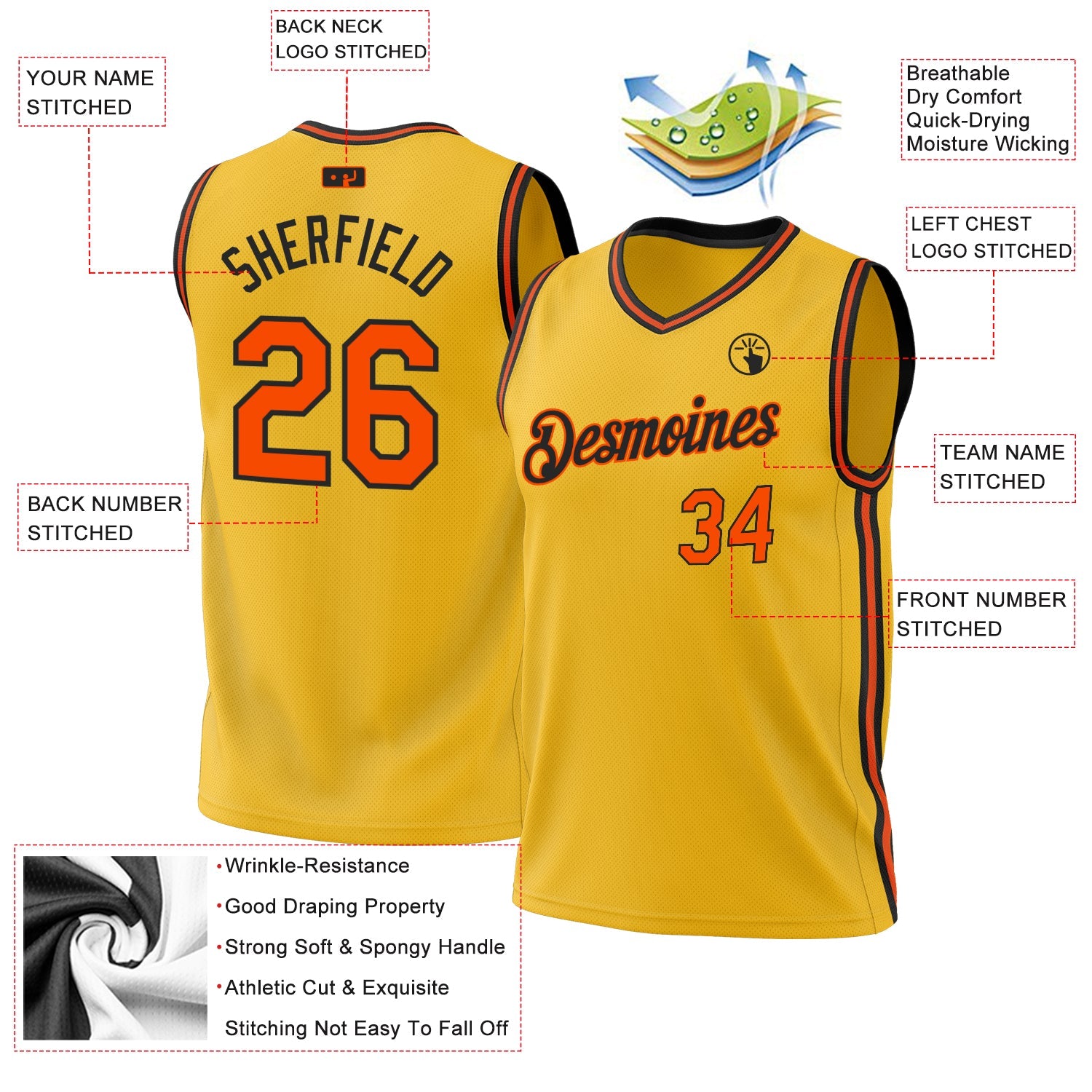 Custom Gold Orange-Black Authentic Throwback Basketball Jersey - Sky-Custom
