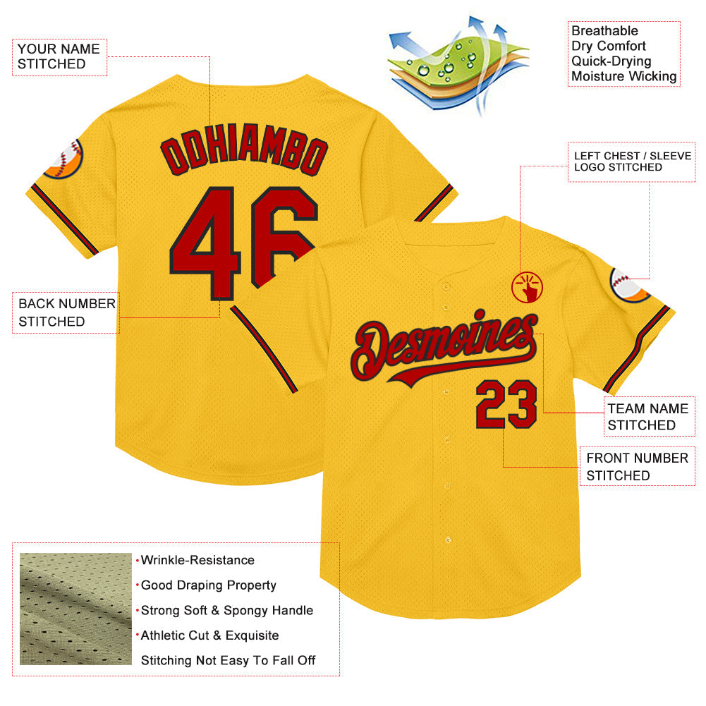 Custom Gold Red-Black Mesh Authentic Throwback Baseball Jersey - Sky-Custom