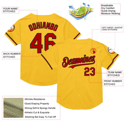 Custom Gold Red-Black Mesh Authentic Throwback Baseball Jersey - Sky-Custom