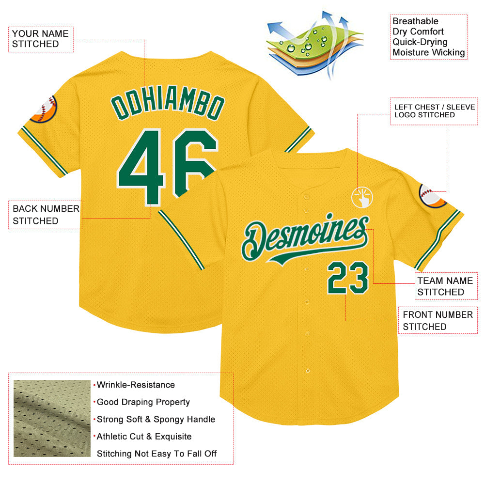 Custom Gold Kelly Green-White Mesh Authentic Throwback Baseball Jersey - Sky-Custom